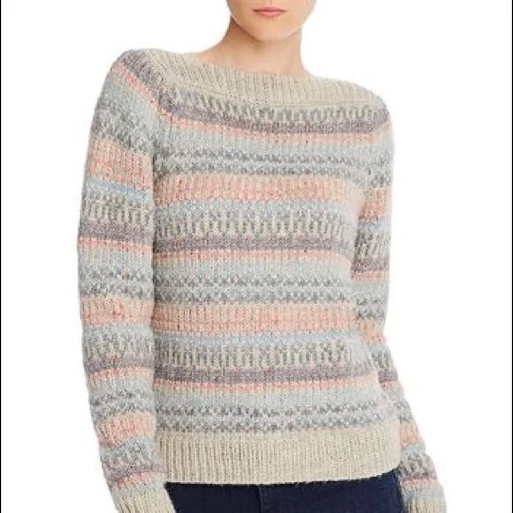 Rebecca Taylor La Vie Boatneck Fair Isle Wool Sweater Gray & Soft Pastels L $295